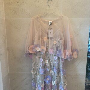 Anewsta Elegant Blush Dress With Floral Embroidery & Matching Sheer Cape